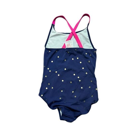 Cute Boden polka dot One Piece gold and blue with pink crisscross straps Swimsui - Picture 2 of 3